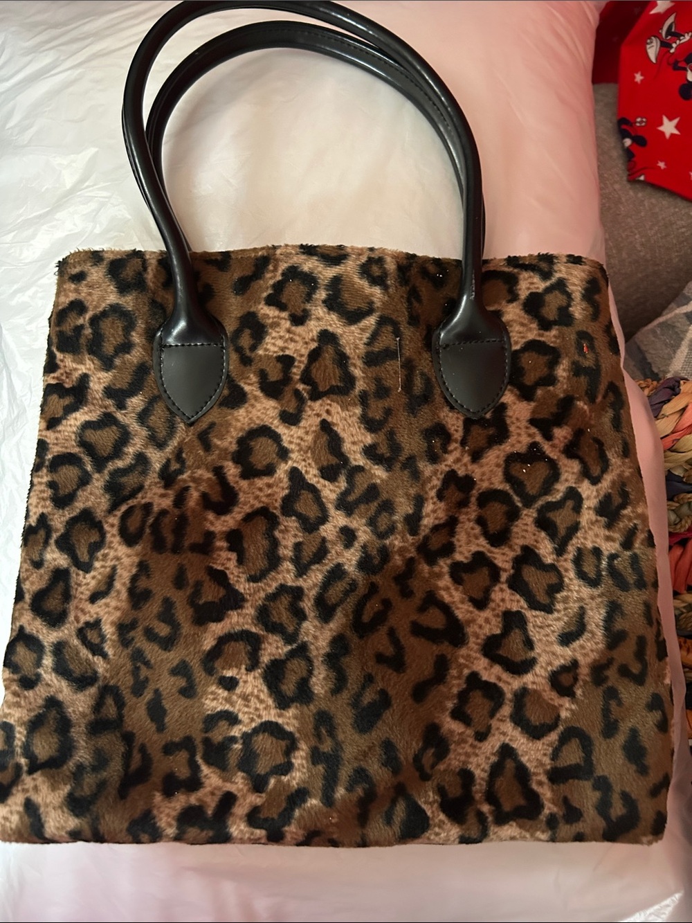 Leopard Print Faux Fur Tote Bag with Black Handles